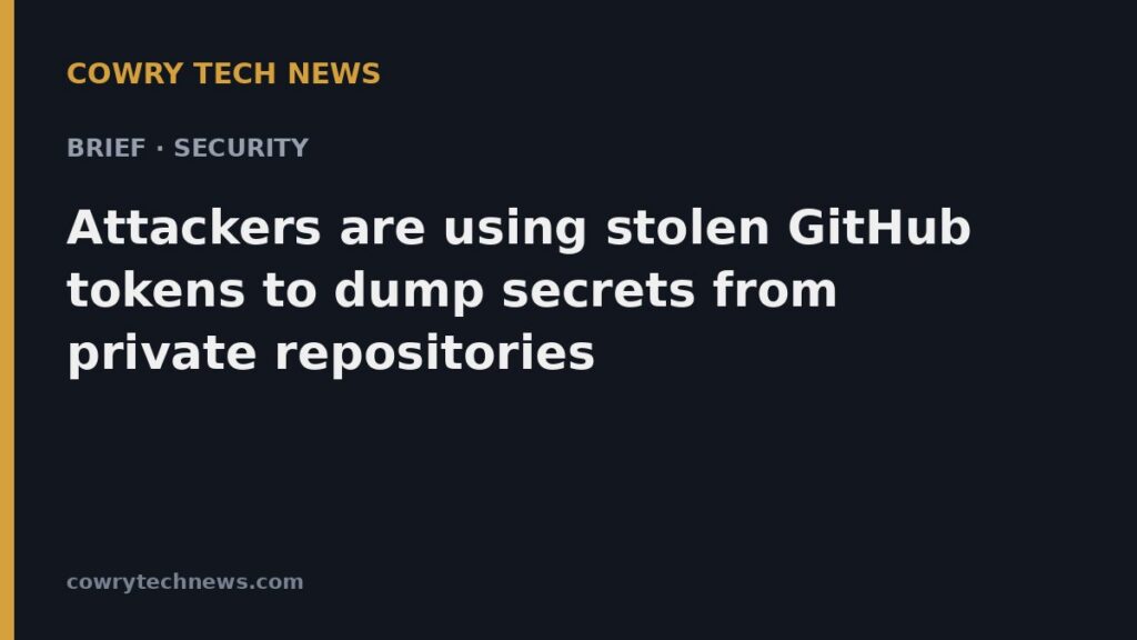 Cowry Tech News text card: Brief · Security: Attackers are using stolen GitHub tokens to dump secrets from private repositories