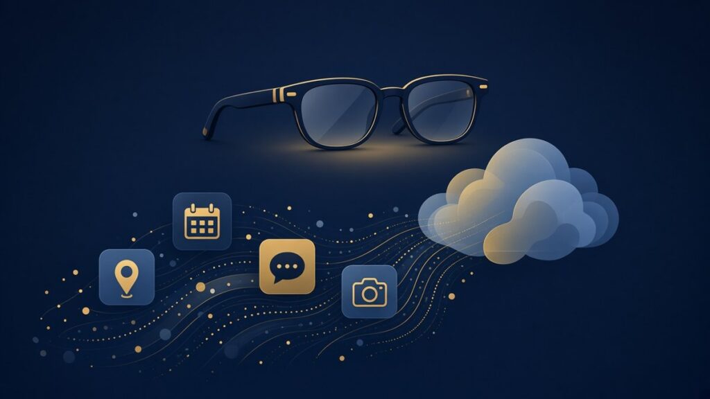 AI-generated illustration: smart glasses above personal data icons flowing into a cloud