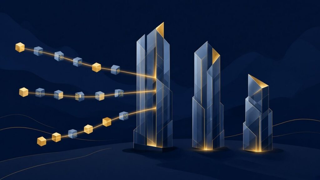 AI-generated illustration: three glass towers drawing in streams of code blocks