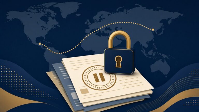 AI-generated illustration: application forms under a padlock over a world map
