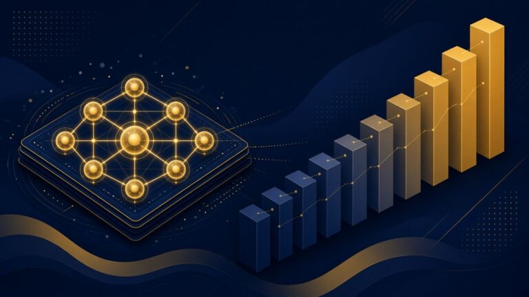 AI-generated illustration: quantum chip with glowing qubits beside rising benchmark bars