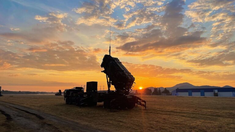 A Patriot missile launcher at sunrise in Slovakia
