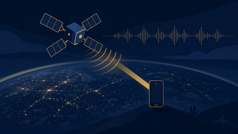 AI-generated illustration: satellite beaming signal to a phone over Earth at night