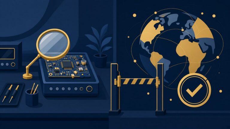 AI-generated illustration: test lab circuit board under a magnifier, a barrier, and a globe with a checkmark