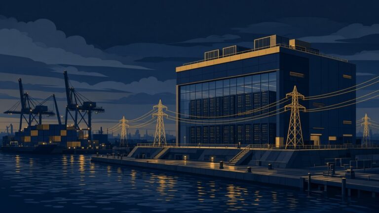 AI-generated illustration: data center building by a harbor with cranes and power lines