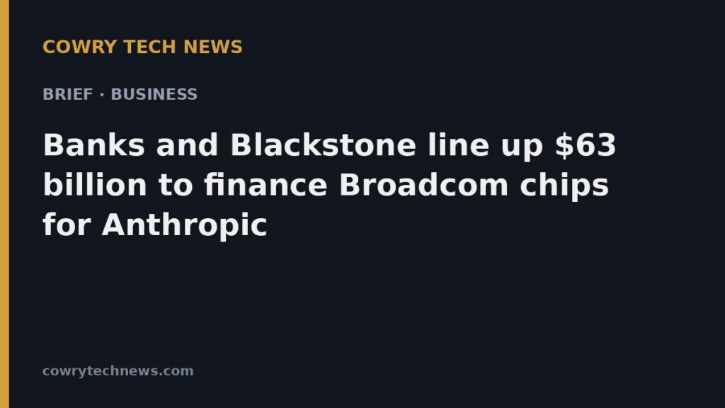 Cowry Tech News text card: Brief · Business: Banks and Blackstone line up $63 billion to finance Broadcom chips for Anthropic