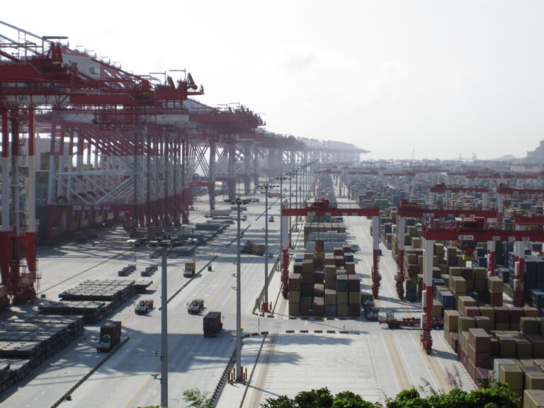Rows of shipping containers and red gantry cranes at Yangshan Deepwater Port in Shanghai.