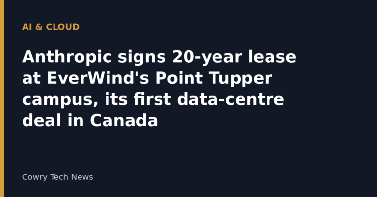 Cowry Tech News text card: AI and Cloud, Anthropic signs 20-year lease at EverWind's Point Tupper campus