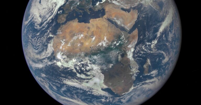 Full disc of Earth seen from deep space with Africa at the centre, the Sahara and Nile visible and Europe toward the top