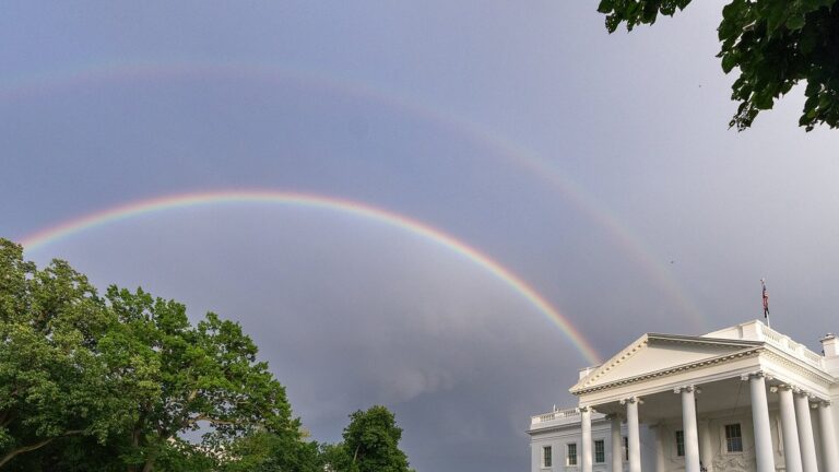 The North Portico of the White House under a double rainbow