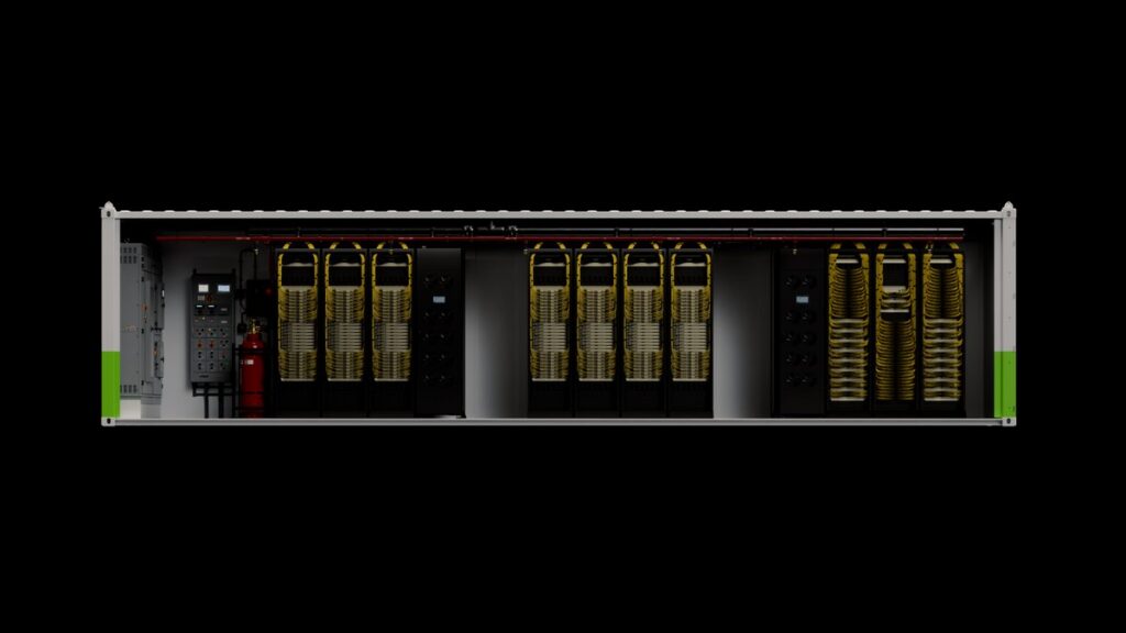 Rendering of an NVIDIA DSX POD container with compute racks, power and cooling equipment installed