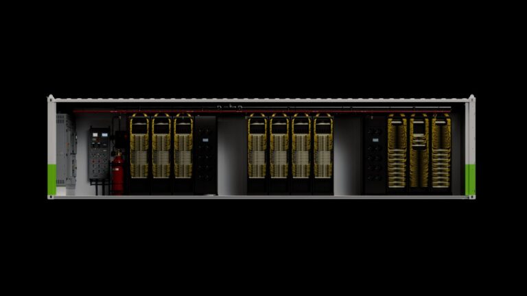 Rendering of an NVIDIA DSX POD container with compute racks, power and cooling equipment installed