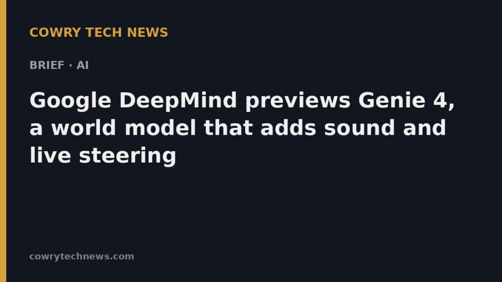 Cowry Tech News text card: Brief · AI: Google DeepMind previews Genie 4, a world model that adds sound and live steering
