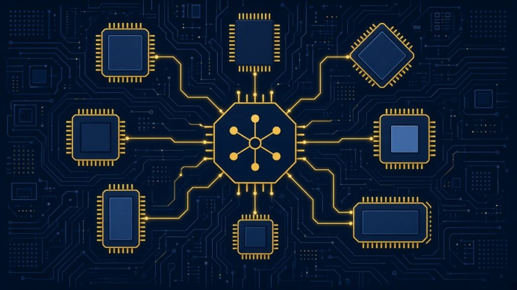 AI-generated illustration: unbranded chips of different types linked to one central node