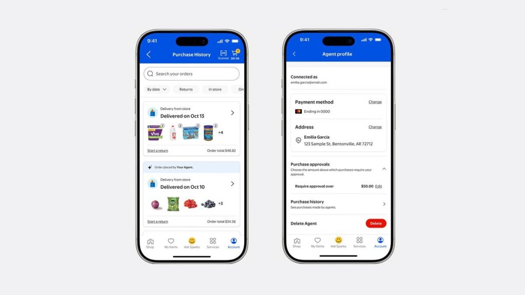 Two phone screens showing Walmart purchase history with an agent-placed order and an Agent profile with purchase approval settings