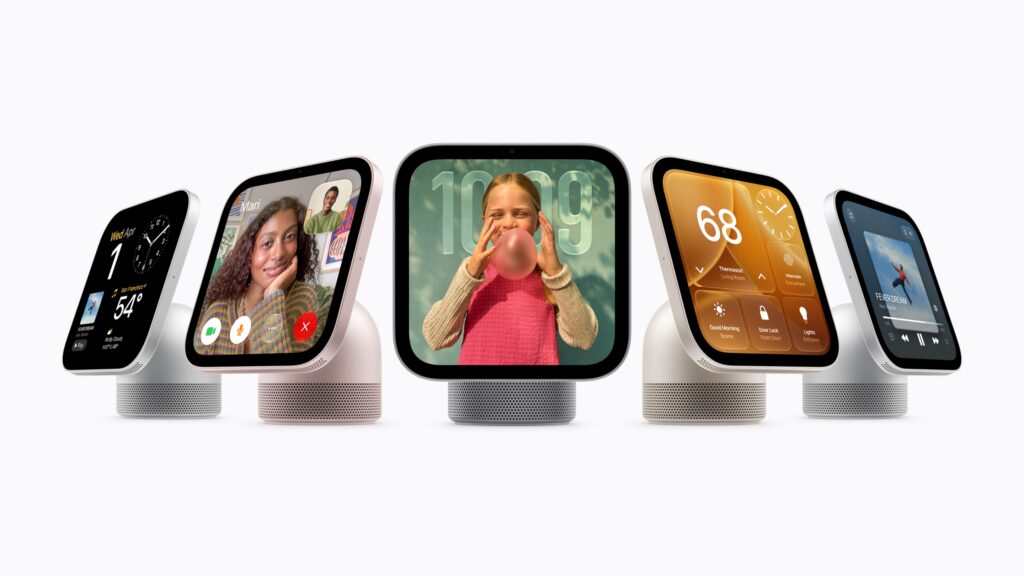 Five Apple HomeView devices against a white backdrop.
