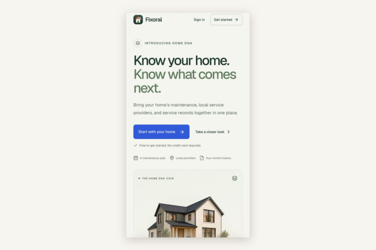 Fixoral homepage on mobile: 'Know your home. Know what comes next.' with the Home DNA view