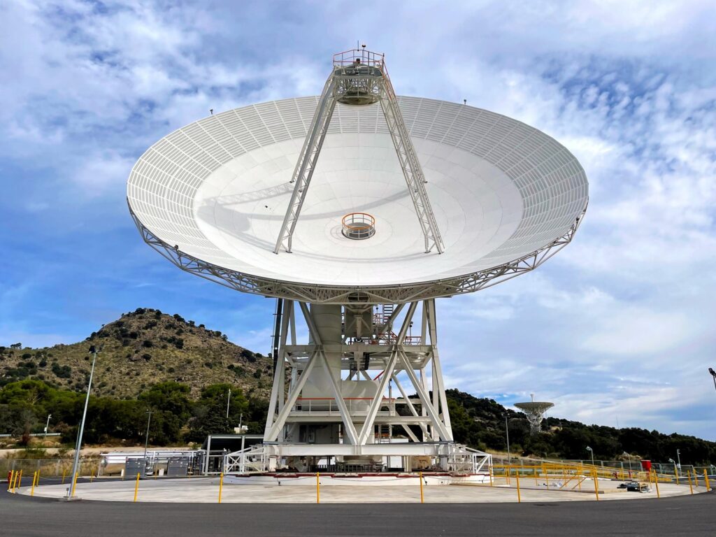 A large dish antenna of NASA's Deep Space Network at the Madrid Deep Space Communications Complex.